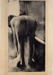 Nøgen kvinde, der bader fødderne nær sit badekar. Monotypi med sort blæk af Edgar Degas (1834-1917), 1879-1883. 0,45 x 0,23 m, Paris, Louvre-museet