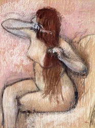 nøgen siddende kvinde arrangerer hendes hår; Siddende nøgen kvinde reder sit hår, ca. 1887-1890