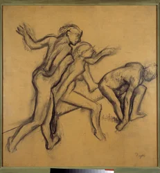 Tre nøgne danserinder. Tegning med kridt og kul af Edgar Degas (1834-1917), ca. 1900. Mål: 0,89 x 0,88 m, Paris, Louvre-museet