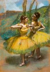 To dansere i gult. Omkring 1896. Pastel og kul på to strimler papir.