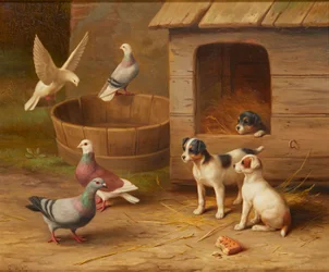 Puppies and Pigeons (olie på lærred)