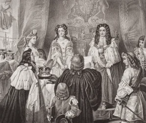 Kronen tilbudt til William og Mary af Lords and Commons i Whitehall den 12. februar 1689 fra `Illustrationer af engelsk og skotsk historie