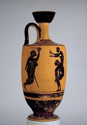 Attic sort-figur lekythos dekoreret med en gammel mand, der kaster en bold til en ungdom, ca. 500 f.Kr. (keramik)