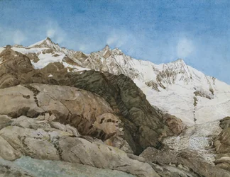 The Mischabe Horner fra Saas-Fee, Valais, Schweiz (wc med gouache på papir)
