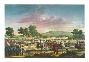 Den kejserlige garde manøvrerer i de to kejseres tilstedeværelse ved Tilsit, 28. juni 1807, c1850