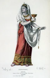 Cleopatres karakter i tragedien Rodogune princess des Parthes - Fuldt teater: (Samling af skuespil af Corneille) tegning af Geffroy, gravering af L. Wolff - udg. Laplace, Sanchez et Cie, Paris 1884