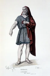 Den gamle Horaces karakter i tragedien Horace - Full Theatre: (Samling af skuespil af Corneille) tegning af Geffroy, gravering af L. Wolff - udg. Laplace, Sanchez et Cie, Paris 1884
