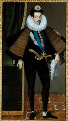 Portræt i foden af Henrik III (1551-1589), konge af Frankrig. Maleri af Pierre Jean Edmond Castan (1817 - 1892), baseret på et maleri fra det 16. århundrede. Olie på lærred. Mål: 1,95 x 1,08 m. Blois, Musee Communal Du Chateau - Portræt i fuld længde af He