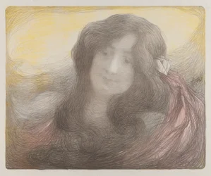 Pige med langt hår , ca. 1898 (farvelitografi)