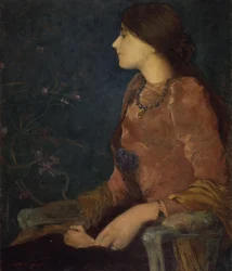 Eftertænksom dame, siddende (olie på lærred)