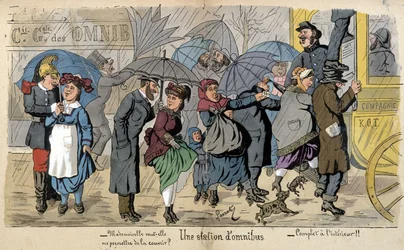 En omnibusstation i regnen - humoristisk tegning af Lavrate, omkring 1880