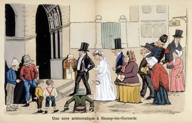 Tegnefilm om det franske samfund af Lavrate: et aristokratisk bryllup i Coussy les Cornards. 1880