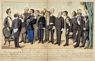 Tegneserie om det franske samfund af Lavrate: de forskellige personer fra embedsværket, administrative tjenester... ved en officiel reception. 1880