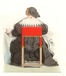 Fransk kvinde 1600-tallet, efter et gravering af Abraham Bosse (1602-1676) - Litografi fra en illustration af Edmond Lechevallier-Chevignard (1825-1902), fra "Costumes historiques des 16th"