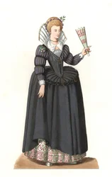 Fransk kvinde under kong Henrik III (1551-1589) - Litografi baseret på en illustration af Edmond Lechevallier-Chevignard (1825-1902), fra "Costumes historiques des 16th"
