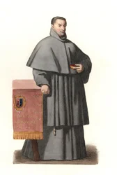 Pedro de Urbina de Montoya, arkevek i Sevilla (Spanien) fra 1658 til 1663, baseret på et malet portræt af Bartolome Murillo (1618-1682) - Litografi fra en illustration af Edmond Lechevallier-Chevignard (1825-1902), fra "Historical Costumes", fra af de 16t