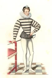 Portræt af Saint-Megrin, fransk herre fra det 16. århundrede, efter en illustration af Riffaut - Litografi fra en illustration af Edmond Lechevallier-Chevignard (1825-1902), fra "Costumes historiques des 16th"