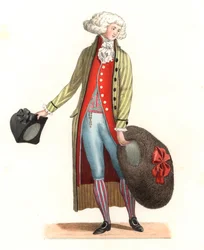 Ung fransk mand i mode i det 18. århundrede - Litografi baseret på en illustration af Edmond Lechevallier-Chevignard (1825-1902), fra "Costumes historiques des 16th"