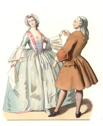 Dansemester og en ung venetianer, dans lecon i Italien 1700-tallet, baseret på et maleri af Pietro Longhi (1701-1785) - Litografi baseret på en illustration af Edmond Lechevallier-Chevignard (1825-1902), uddrag fra "" Historiske kostumer af den 16
