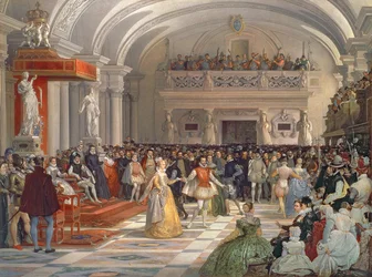 Henri de Bourbons, konge af Navarra, bryllup med Marguerite de Valois i nærværelse af Catherine de Medici og Charles IX i 1572, 1862