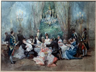 Måltidsscene. Illustration til scene 10 i anden akt af "" The Reveillon"" af Henri (Henry) Meilhac (1830-1897) og Ludovic Halevy (1834-1908) på det kongelige palads