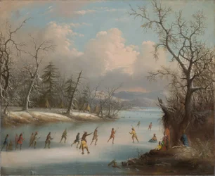 Indianere der spiller lacrosse på isen, 1859