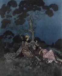 Skønheden og udyret: Skønheden skræmmes af udyret, der ligger tæt på hende, ca. 1910 (litografi)