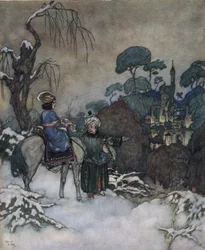 Skønheden og udyret: Belle, der har indvilliget i at tage sin fars plads som fange i Bete for at befri ham, går mod slottet, ca. 1910 (litografi)