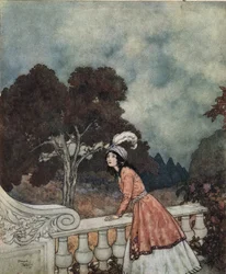 Blåskæg: Blåskægs unge kone, Fatima, spørger sin søster Anne, om hun kan se sine brødre fra tårnet, ca. 1910 (litografi).