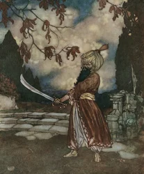 Blåt skæg: Det skræmmende blå skæg har skægget så sort, at det ser blåt ud, ca. 1910 (litografi)