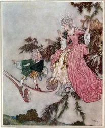 Men nyheden om det blev bragt til hende af en lille dværg, der ejede et par syvmilestøvler", illustration fra "The Sleeping Beauty", udgivet i 1910 (farvelitografi).