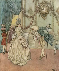 Askepot: Den unge Askepot kom til ballet takket være sin gudmor og møder prinsen, der kysser hendes hånd c.1910 (litografi)