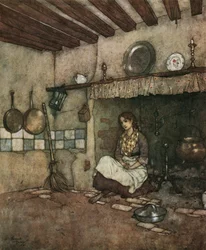 Askepot: den unge Askepot sidder blandt asken i skorstenen, ca. 1910 (litografi)