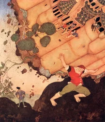 „Hej ven, tag hele slottet med dronningen og alt, hvad det indeholder, på dine skuldre“, illustration fra det belgiske eventyr Dronningen af Mississippis syv erobrere, fra Edmund Dulac