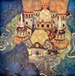 „Dragekongens palads“, illustration til det serbiske eventyr Historien om Bashtchelik, fra Edmund Dulacs eventyrbog: Eventyr fra de allierede nationer, udgivet 1916