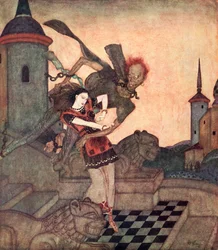 „Da prinsen så ud, så han ham gribe prinsessen og hurtigt flyve bort“, illustration til det serbiske eventyr Historien om Bashtchelik, fra Edmund Dulacs eventyrbog: Eventyr fra de allierede nationer, udgivet 1916