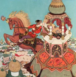 "Den kastanjebrune hest syntes at blive hængende i luften på toppen af sit spring, så længe det kys varede", illustration fra det russiske eventyr Ivan og den kastanjebrune hest, fra Edmund Dulacs Eventyrbog: Eventyr fra de allierede nationer, udgivet 1916