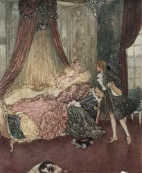 Den sovende skønhed: Prins Charming opdager den sovende pige, ca. 1910 (litografi)