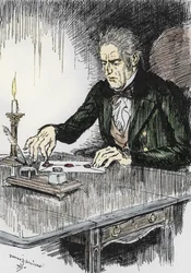 Dr. Jekyll lukker brevet, hvori han tilstår at være morderen Mr Hyde, illustration af Edmund Joseph Sullivan (1869-1933) til romanen Dr. Jekyll og Mr. Hyde af Robert Louis Stevenson (1850-1894), 1927