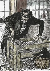 Dr. jekyll søger desperat efter pulveret, der giver ham mulighed for at forringe sin karakter af Mr Hyde, Illustration af Edmund Joseph Sullivan (1869-1933) til romanen L