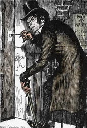 Hr. Hyde vender hjem efter en nat med eventyr for at tage modgiften og genoptage dr. Jekylls udseende, illustration af Edmund Joseph Sullivan (1869-1933) til romanen «Dr. Jekyll og Mr. Hyde» af Robert Louis Stevenson (1850-1894)