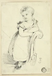 Lille pige står på sofa (recto); Fragment: Bagsiden af en kvindes hoved (verso)