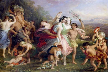 "Matinee de mai" Dans og runder af skovfigurer, børn omkranset af blomster. Maleri af Edmund Thomas Parris (1793-1873) 1859