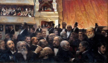 Pause, en premiere på den franske komedie Blandt tilskuerne: i badekarret, Henri Rochefort og Leon Gambetta, i avantscenens omklædningsrum øverst, Jules Ferry, d