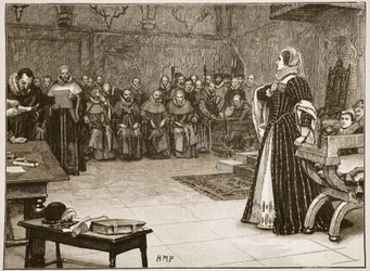 Retssag mod Mary Queen of Scots i Fotheringhay Castle, illustration fra 