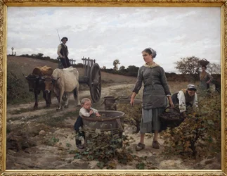 Hjørne af vin; Languedoc. Landlig scene med en mand på en vogn, kvinder, der plukker druer og et barn, der spiser de høstede frugter. Maleri af Edouard Debat Ponsan (1847-1913), olie på lærred