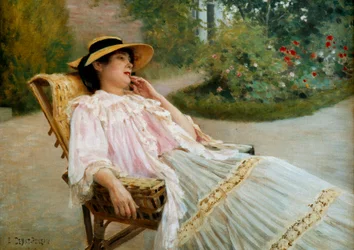 Luren Madame Edouard Debat Ponson på terrassen. Maleri af Edouard Debat Ponsan (1847-1913)