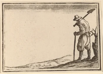 Bonde med skovl på skulderen