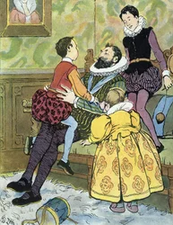 Konge af Frankrig Henri IV leger med sine børn (1553-1610) Illustration af Edouard Zier i "Nos-Gloriers-Nationales"" 1920 Collection privee