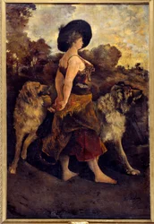 La Carola En sigøjner med sine hunde. Maleri af Edouard Jacques Dufeu (1840-1900) 1878